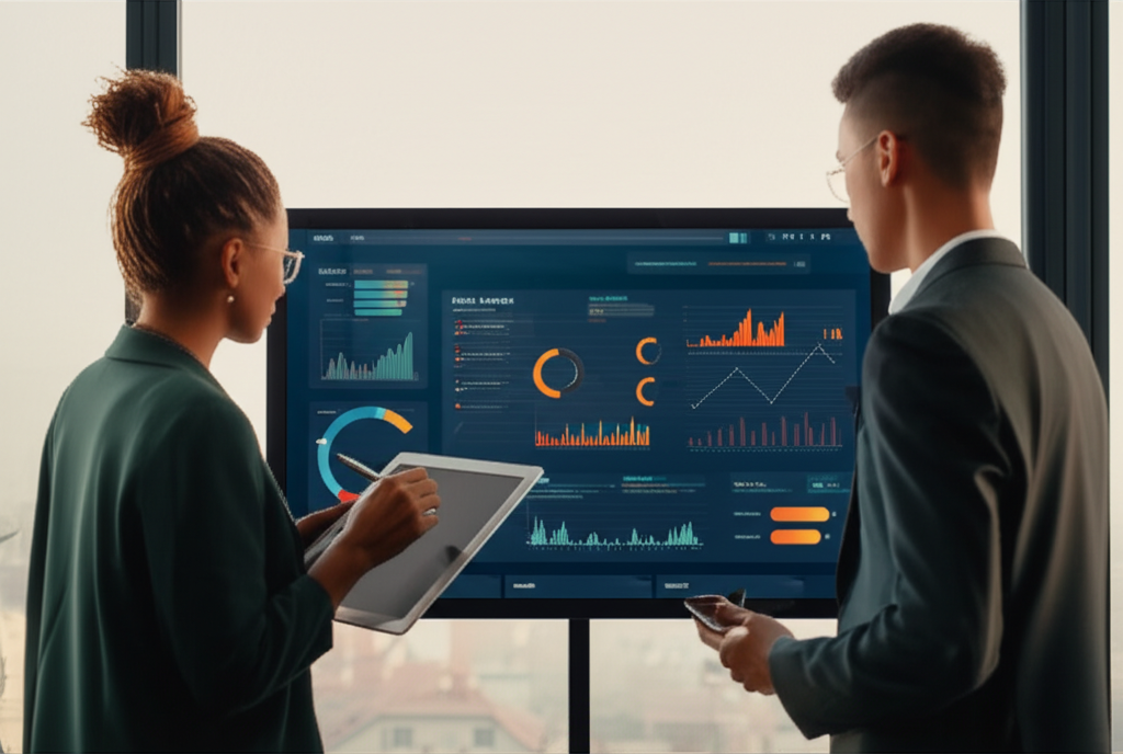 Facilitators & Consultancies: Two professionals analyzing data on a large screen, with charts and dashboards visible.